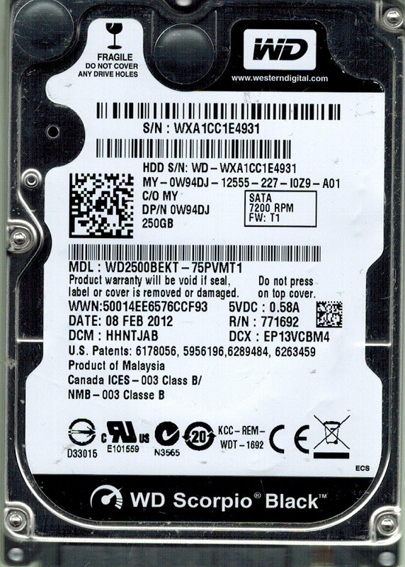 Western Digital WD2500BEKT-75PVMT1 250GB DCM: HHNTJAB