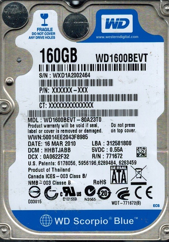 Western Digital WD1600BEVT-80A23T0 160GB DCM: HHBTJABB