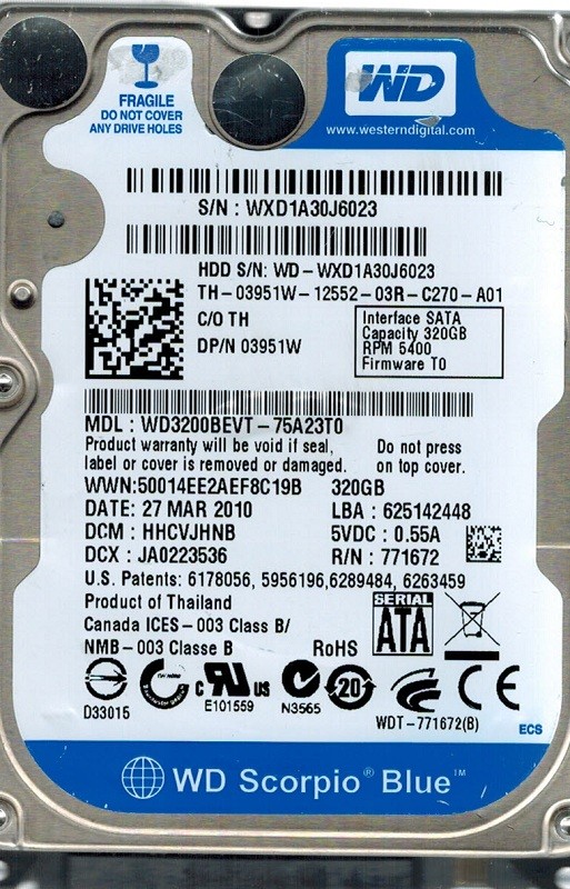 Western Digital WD3200BEVT-75A23T0 320GB DCM: HHCVJHNB