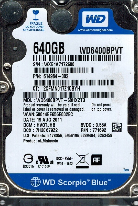 Western Digital WD6400BPVT-60HXZT3 640GB DCM: HV0TJHB