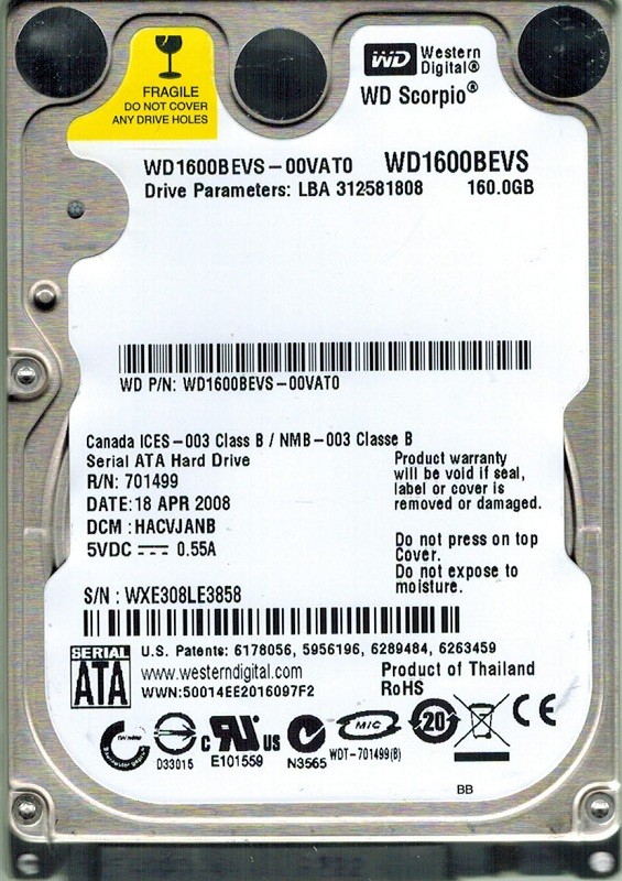 Western Digital WD1600BEVS-00VAT0 160GB DCM: HACVJANB