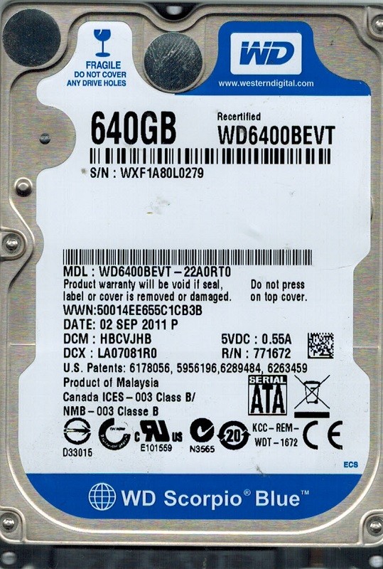 Western Digital WD6400BEVT-22A0RT0 DCM: HBCVJHB 640GB