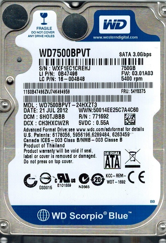 Western Digital WD7500BPVT-24HXZT3 750GB DCM: SHOTJBBB