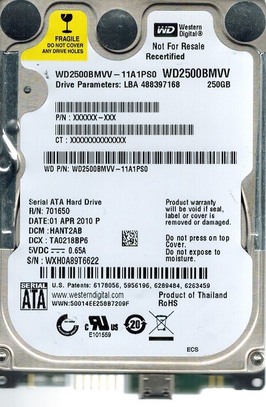 Western Digital WD2500BMVV-11A1PS0 250GB DCM: HANT2AB