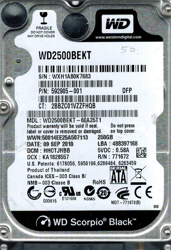 Western Digital WD2500BEKT-60A25T1 DCM: HHCTJHBB 250GB