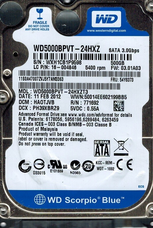 Western Digital WD5000BPVT-24HXZT3 500GB DCM: HAOTJVB