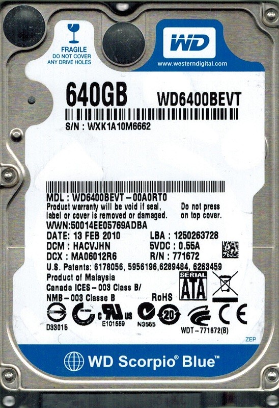 Western Digital WD6400BEVT-00A0RT0 640GB DCM: HACVJHN