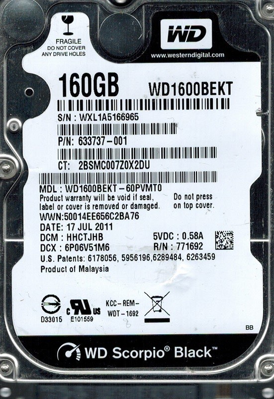 Western Digital WD1600BEKT-60PVMT0 160GB DCM: HHCTJHB