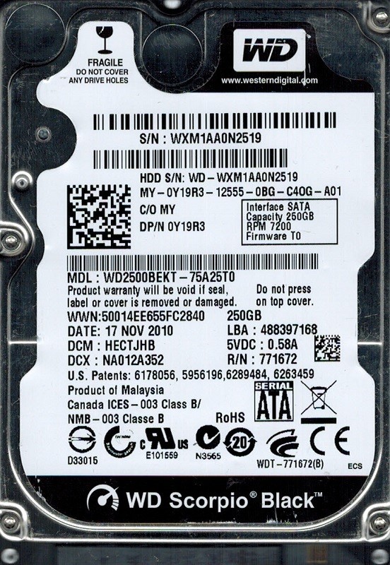 Western Digital WD2500BEKT-75A25T0 250GB DCM: HECTJHB