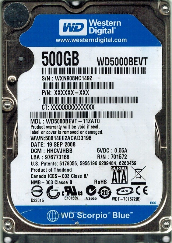 Western Digital WD5000BEVT-11ZAT0 500GB DCM: HHCVJHBB