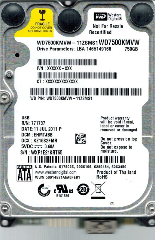 Western Digital WD7500KMVW-11ZSMS1 USB 3.0 750GB DCM: EHMTJBB