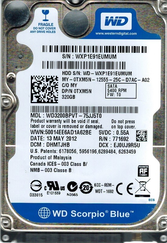 Western Digital WD3200BPVT-75JJ5T0 DCM: DHMTJHB 320GB