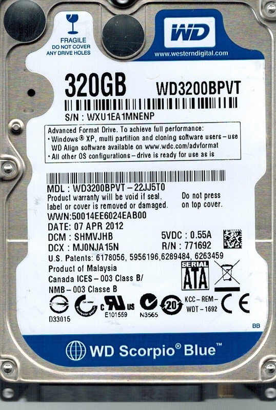 WD3200BPVT-22JJ5T0 Western Digital DCM: SHMVJHB 320GB