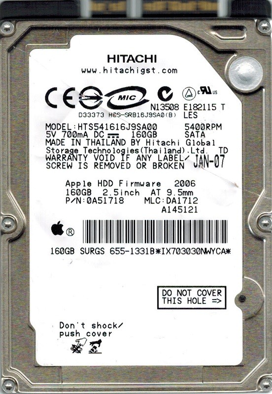 Hitachi HTS541616J9SA00 MAC 655-1331B P/N: 0A51718 MLC: DA1712 160GB