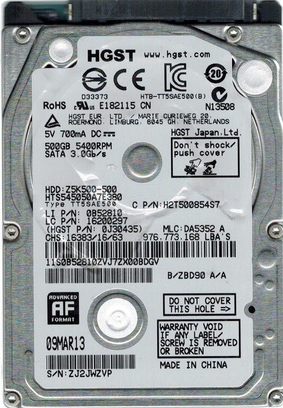 Hitachi HTS545050A7E380 P/N: 0J30435 MLC: DA5352 500GB