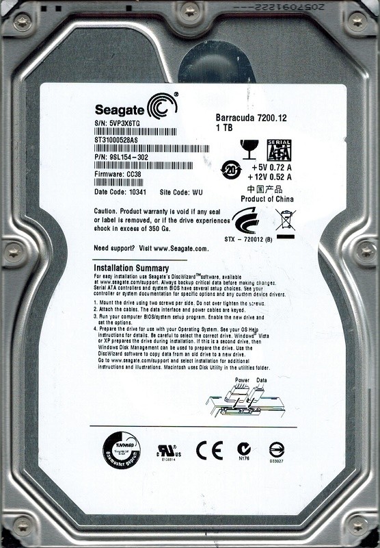 Seagate ST31000528AS P/N: 9SL154-302 1TB F/W: CC38 WU