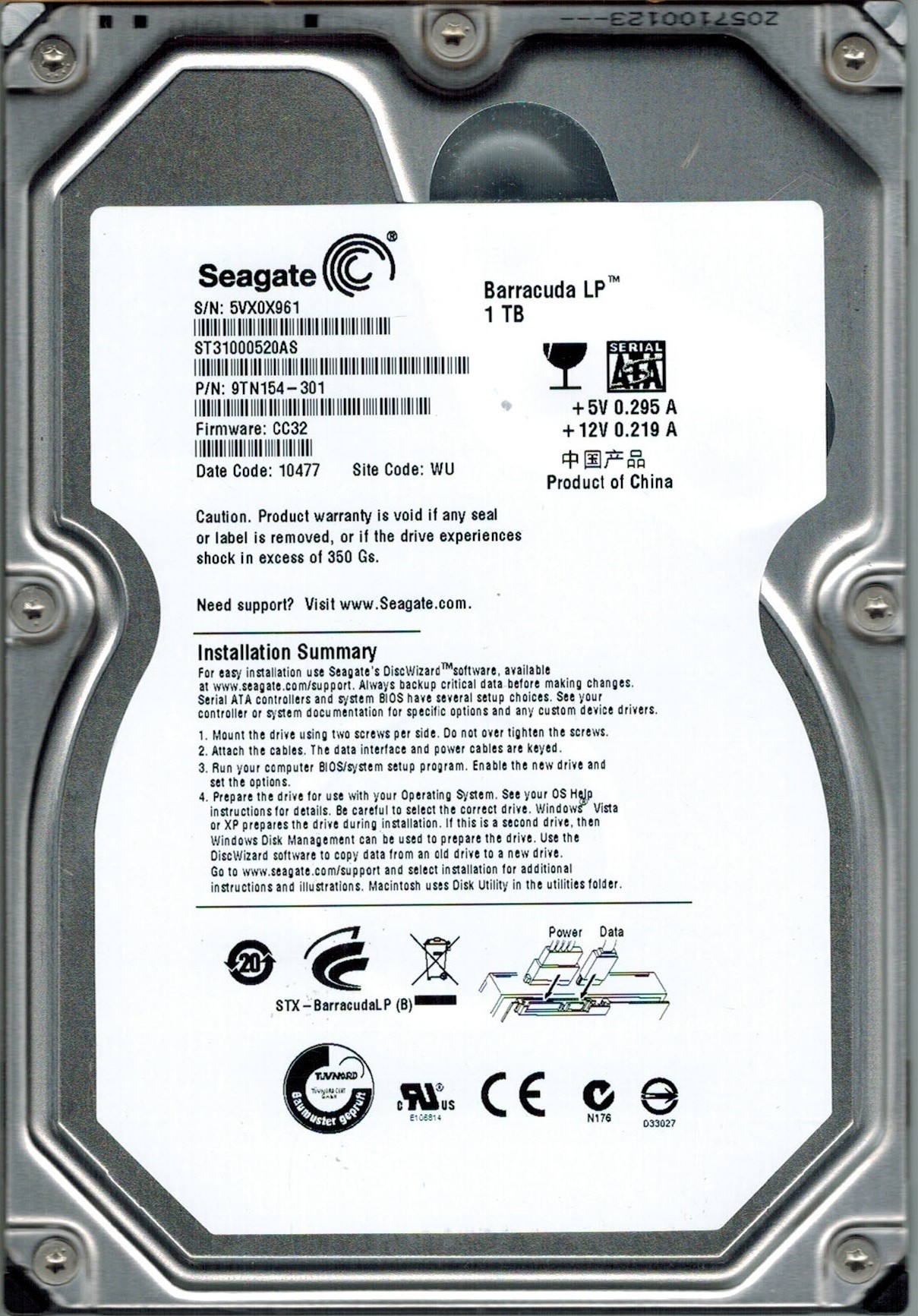 Seagate ST31000520AS P/N: 9TN154-301 F/W: CC32 1TB WU