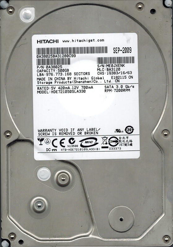 Hitachi HDE721050SLA330 P/N: 0A38025 MLC: BA3120 1TB