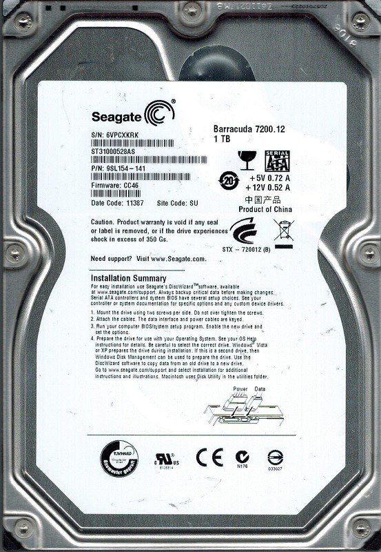 Seagate ST31000528AS F/W: CC46 P/N: 9SL154-141 SU 1TB