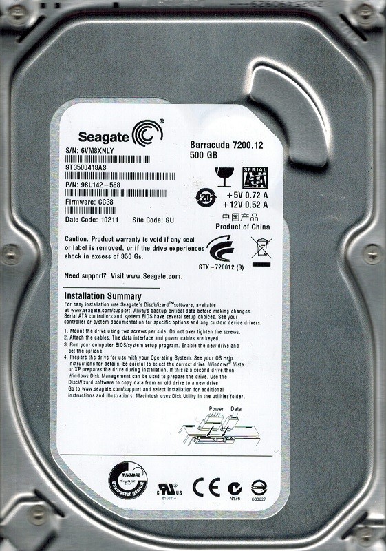 Seagate ST3500418AS P/N: 9SL142-568 F/W: CC38 SU 500GB