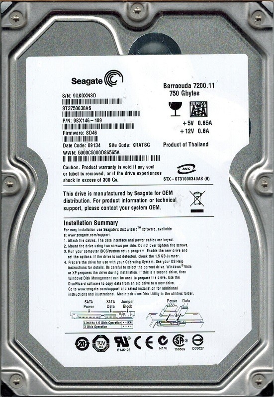 Seagate ST3750630AS P/N: 9BX146-189 750GB F/W: SD46 KRATSG