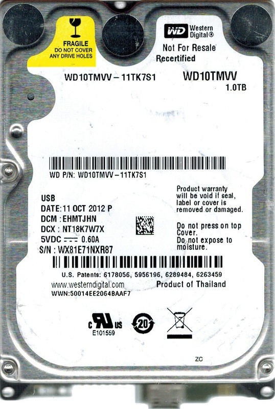 Western Digital WD10TMVV-11TK7S1 USB 2.0 1TB DCM: EHMTJHN
