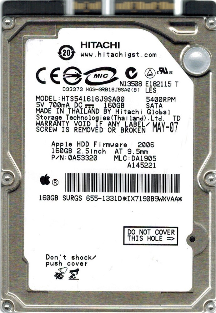 Hitachi HTS541616J9SA00 MAC 655-1331D P/N: 0A53320 MLC: DA1905 160GB