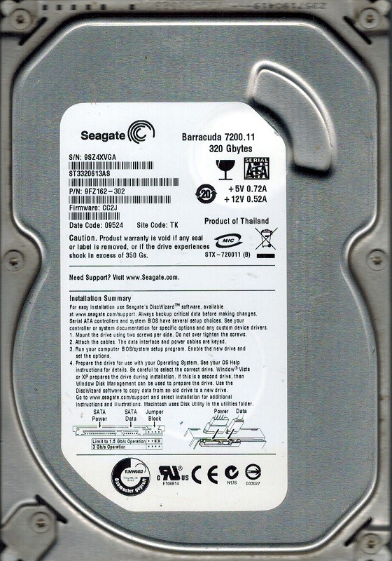 Seagate ST3320613AS P/N: 9FZ162-302 320GB F/W: CC2J TK