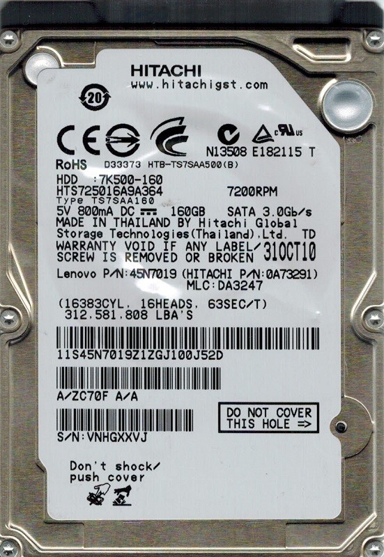 Hitachi HTS725016A9A364 P/N: 0A73291 MLC: DA3247 160GB