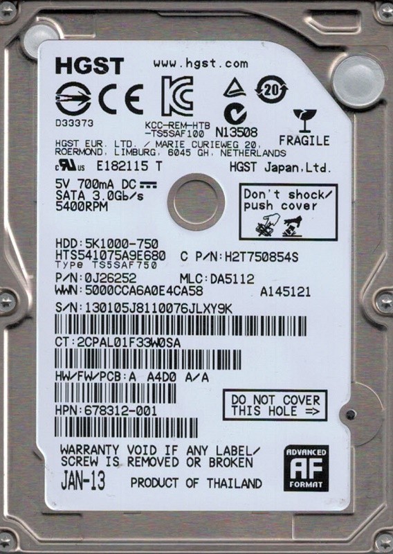 Hitachi HTS541075A9E680 P/N: 0J26252 MLC: DA5112 750GB Thailand