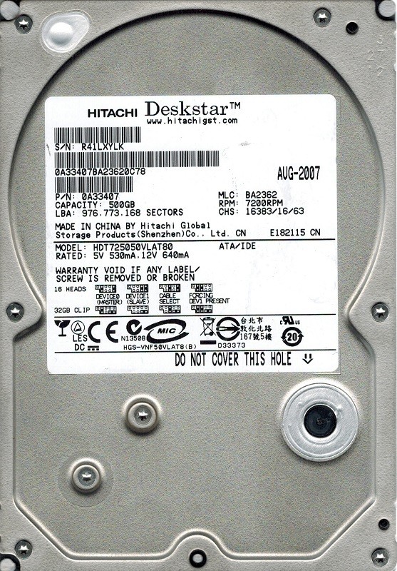 Hitachi HDT725050VLAT80 500GB MLC: BA2362 P/N: 0A33407