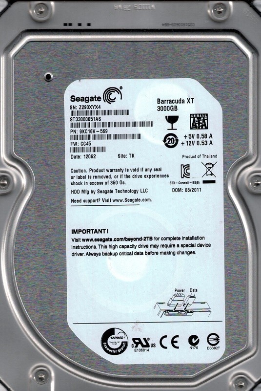 Seagate ST33000651AS F/W: CC45 P/N: 9KC16V-569 TK 3TB Z29