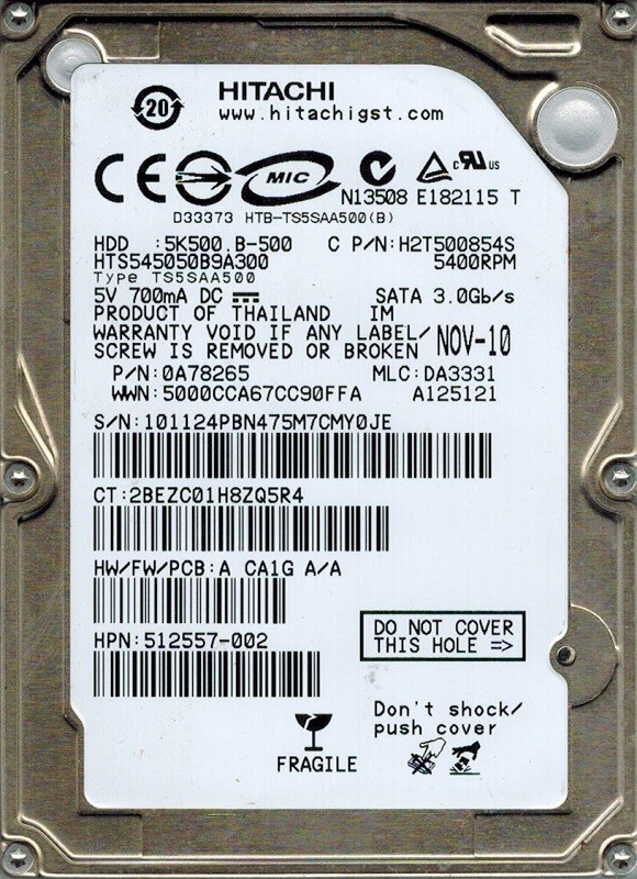 Hitachi HTS545050B9A300 MLC: DA3331 P/N: 0A78265 500GB