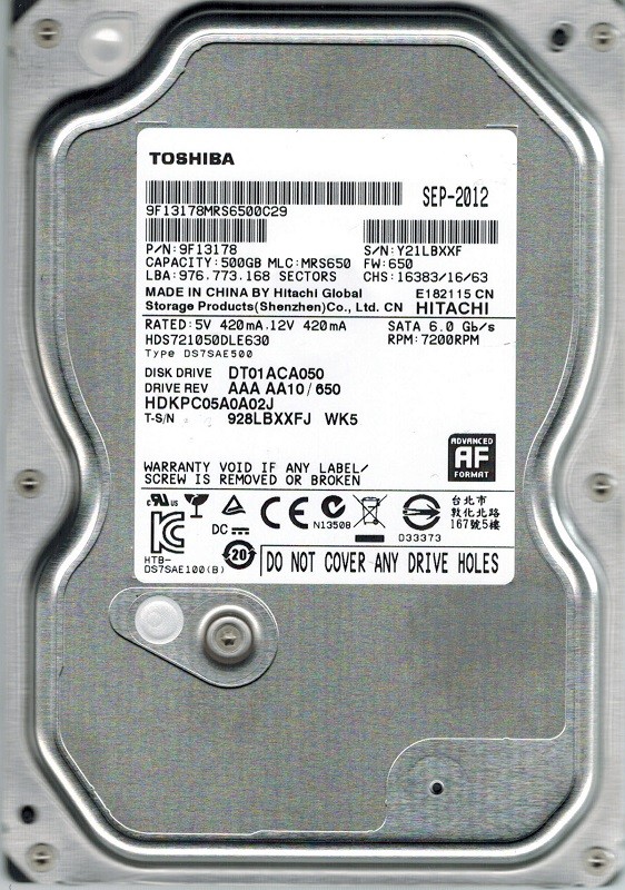 Toshiba HDS721050DLE630 MLC: MRS650 P/N: 9F13178 DT01ACA050 AAA AA10/650