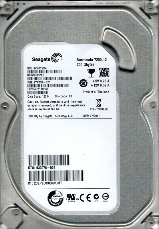 Seagate ST3250312AS P/N: 9YP131-021 F/W: HP63 250GB TK