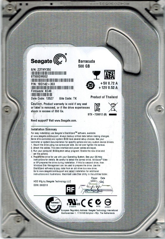 Seagate ST500DM002 P/N: 1BD142-303 F/W: KC48 500GB TK