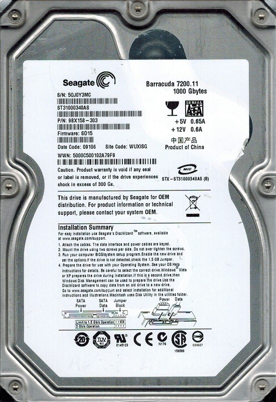 Seagate ST31000340AS P/N: 9BX158-303 F/W: SD15 1TB WUXISG