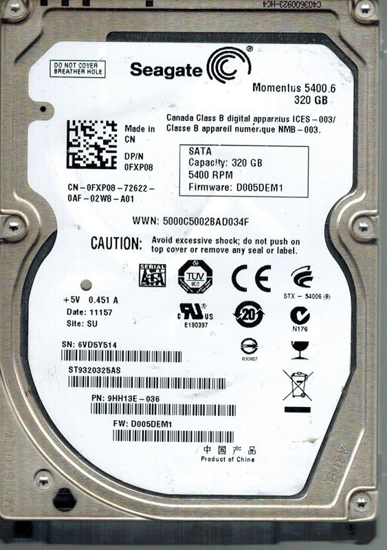 Seagate ST9320325AS P/N: 9HH13E-036 F/W: D005DEM1 SU 320GB