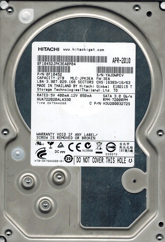 Hitachi HUA722020ALA330 P/N: 0F10452 2TB MLC: JPK3EA