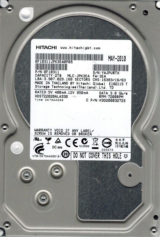 Hitachi HDS722020ALA330 2TB P/N: 0F10311 MLC: JPK3EA