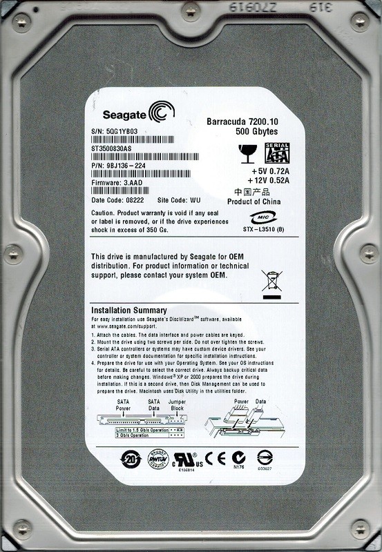 Seagate ST3500830AS P/N: 9BJ136-224 F/W: 3.AAD WU 500GB