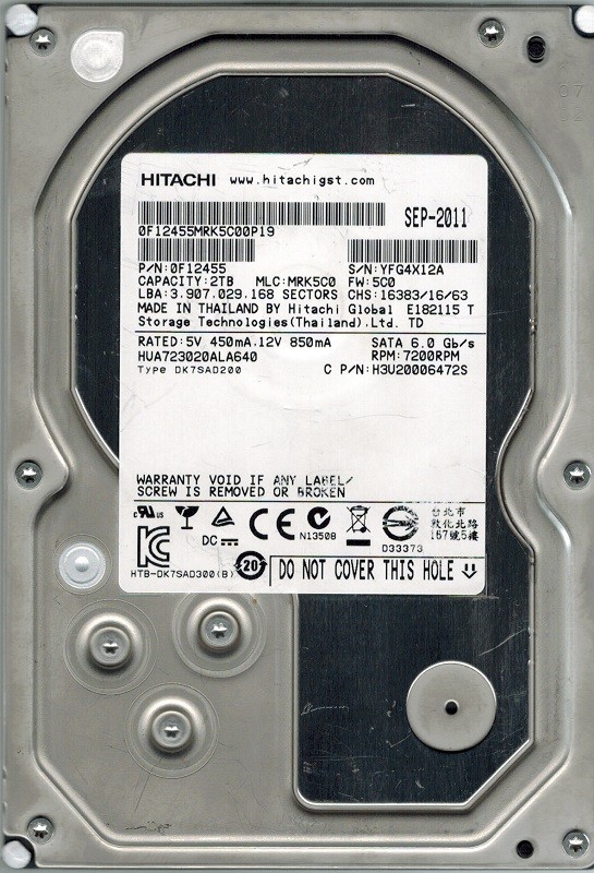 Hitachi HUA723020ALA640 P/N: 0F12455 MLC: MRK5C0 2TB