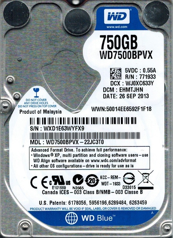 Western Digital WD7500BPVX-22JC3T0 750GB DCM: EHMTJHN