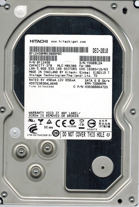 Hitachi HDS723030ALA640 P/N: 0F12450 MLC: MRK3B0 3TB 