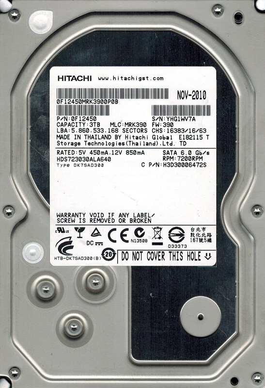 Hitachi HDS723030ALA640 P/N: 0F12450 MLC: MRK390 3TB 