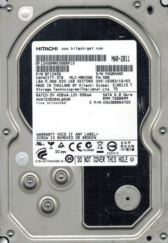 Hitachi HUA723030ALA640 P/N: 0F12456 MLC: MRK580 3TB 