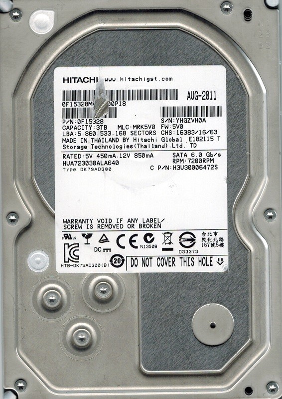Hitachi HUA723030ALA640 P/N: 0F15328 MLC: MRK5V0 3TB 
