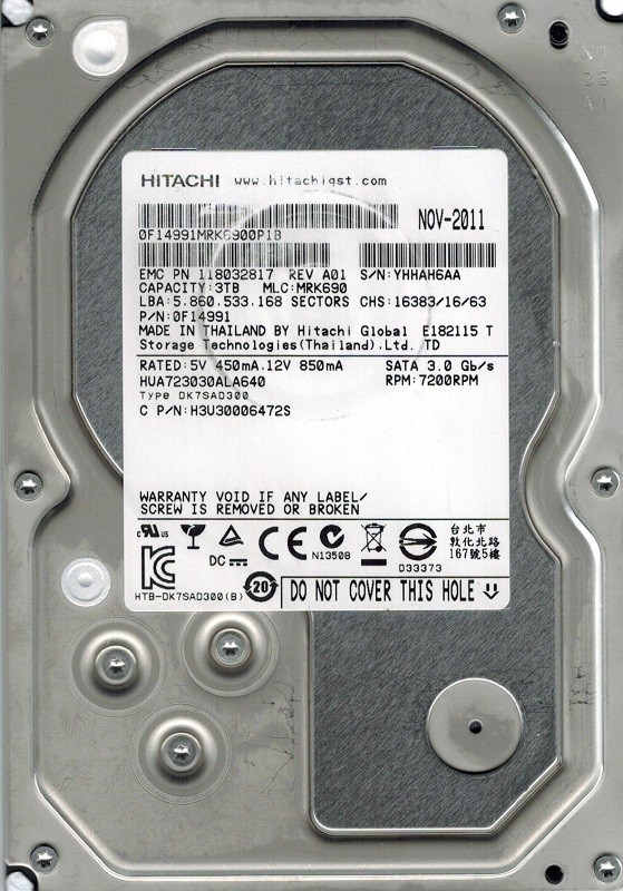 Hitachi HUA723030ALA640 P/N: 0F14991 MLC: MRK690 3TB 