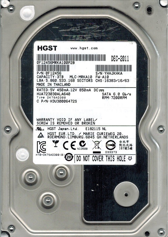 HUA723030ALA640 P/N: 0F12456 MLC: MRKA10 3TB HGST