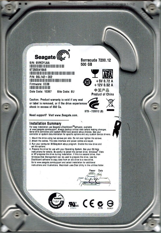 ST3500418AS Seagate F/W: CC38 P/N: 9SL142-302 SU 500GB